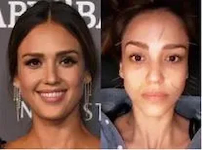 A woman with and without makeup on.